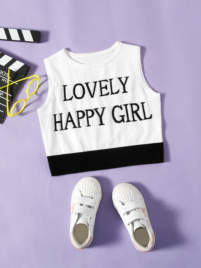 Girls Contrast Hem Letter Pattern Sweater Vest