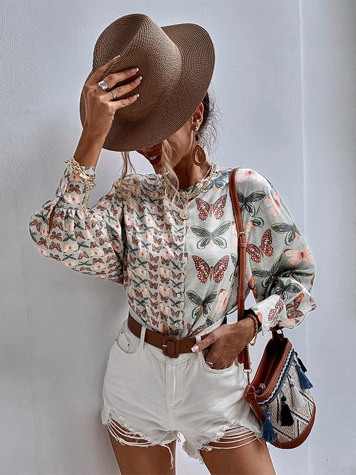 Butterfly Print Button Up Blouse