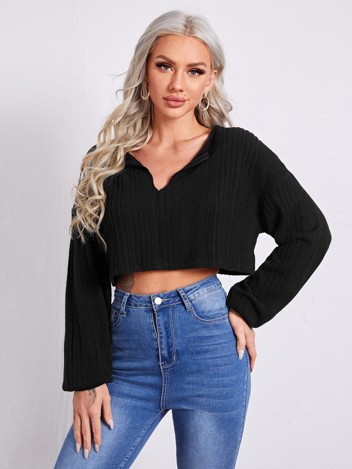 Notch Neck Drop Shoulder Crop Tee Black