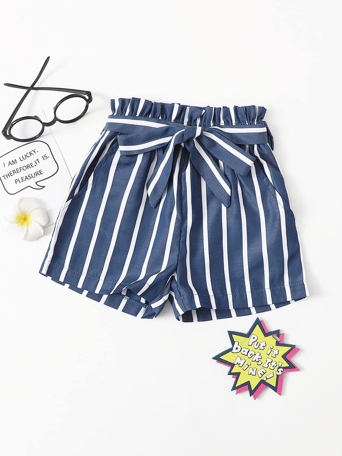 Toddler Girls Vertical Striped Paperbag Waist Belted Shorts