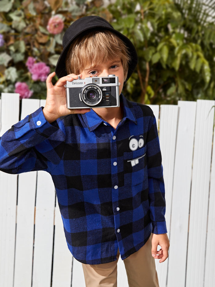 Boys Collared Cartoon Graphic Buffalo Plaid Shirt