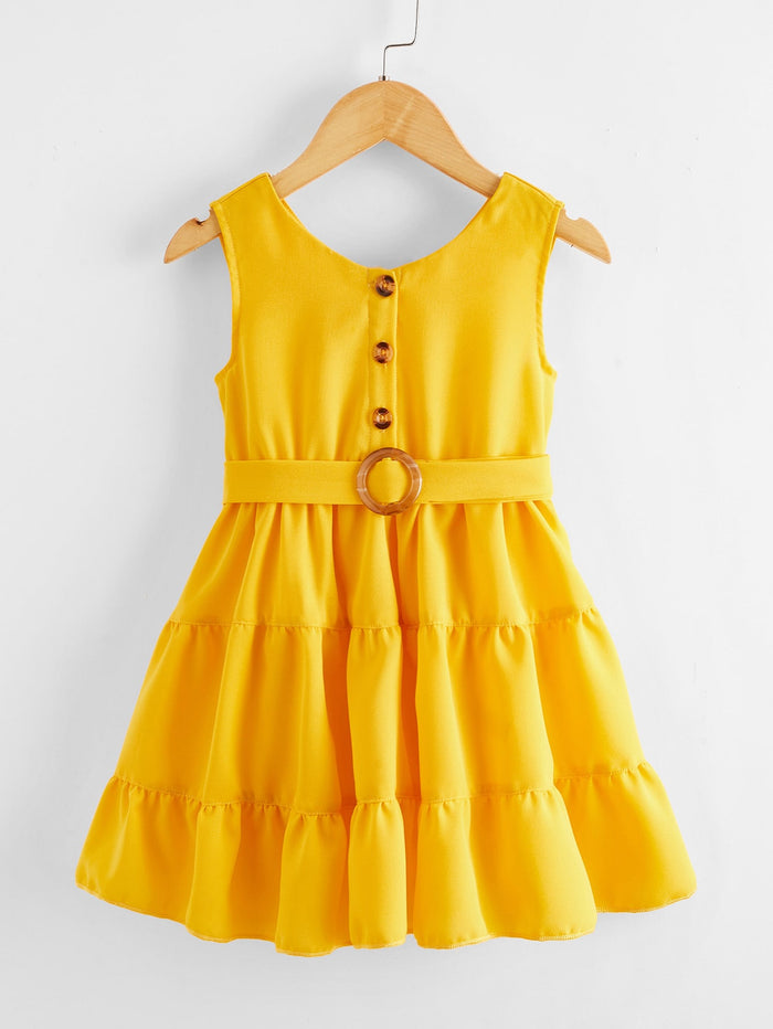 Toddler Girls Button Front Flounce Hem Belted Dress