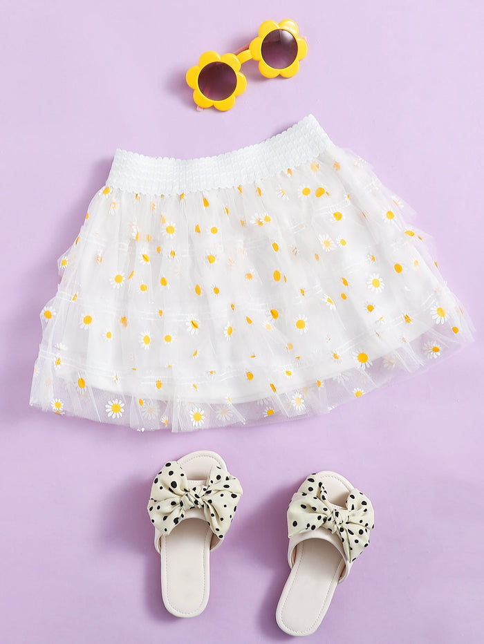 Toddler Girls Floral Print Mesh Overlay Skirt
