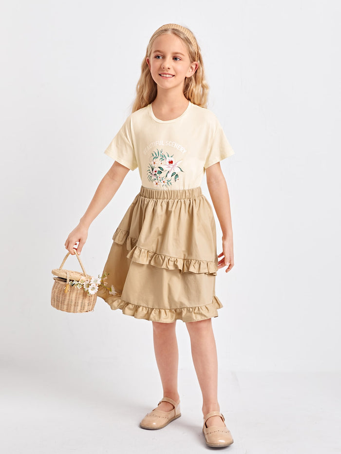 Girls Letter & Floral Print Tee & Layered Skirt Set