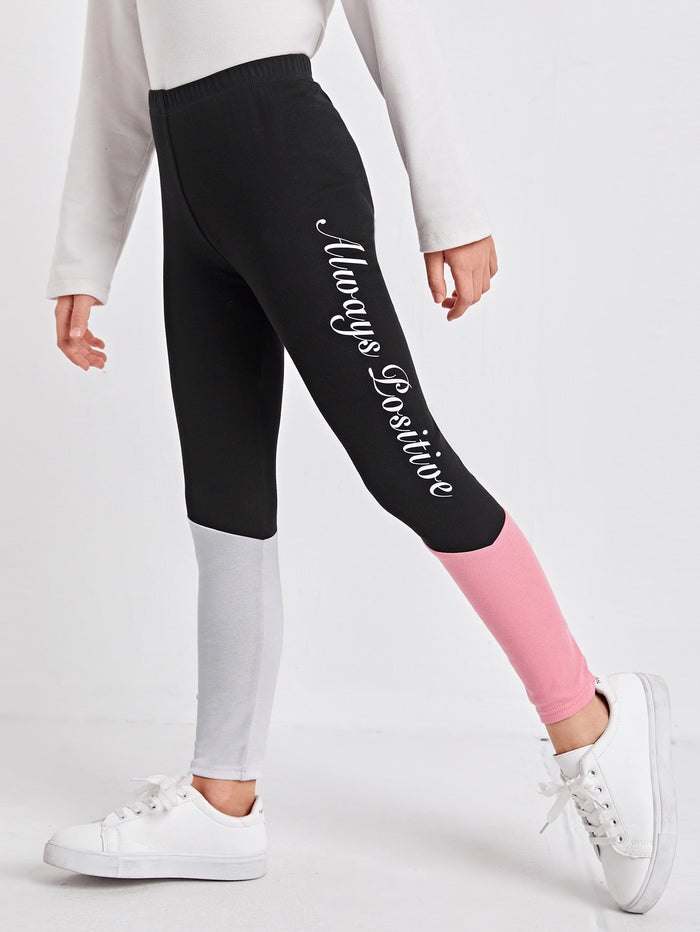 Girls Letter Graphic Colorblock Leggings