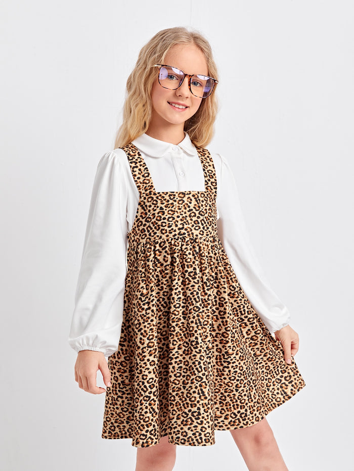 Girls Crisscross Back Leopard Overall Dress With Solid Blouse