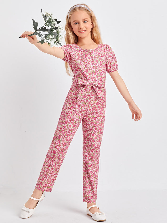 Girls Puff Sleeve Belted Ditsy Floral Jumpsuit