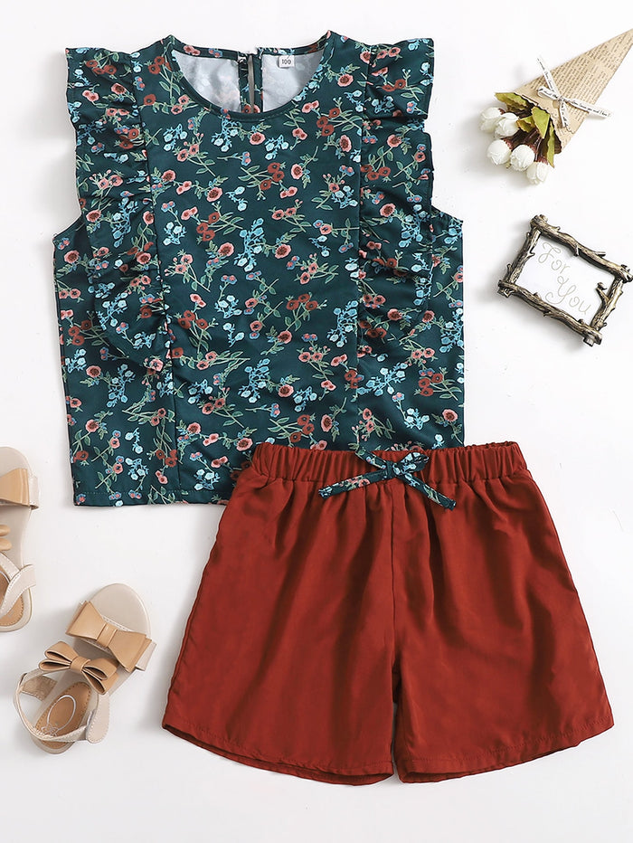 Floral & Plants Print Ruffle Trim Top With Bow Shorts Multicolor