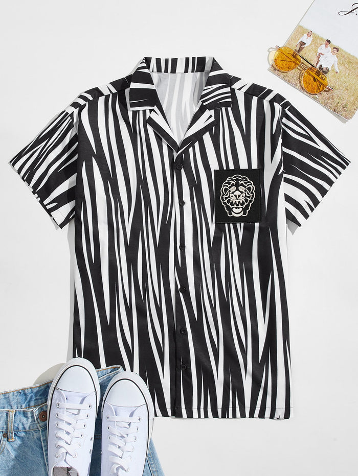 Men Zebra Stripe Button Front Lapel Collar Shirt