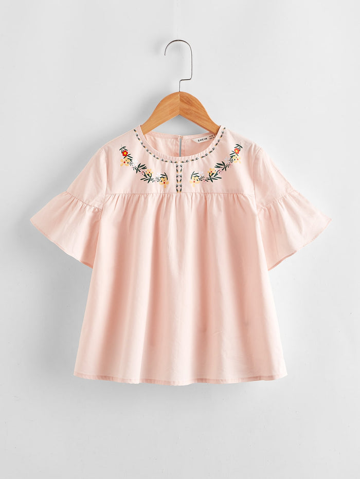Girls Floral Print Flounce Sleeve Top