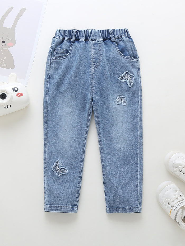 Toddler Girls Butterfly Embroidered Elastic Waist Jeans