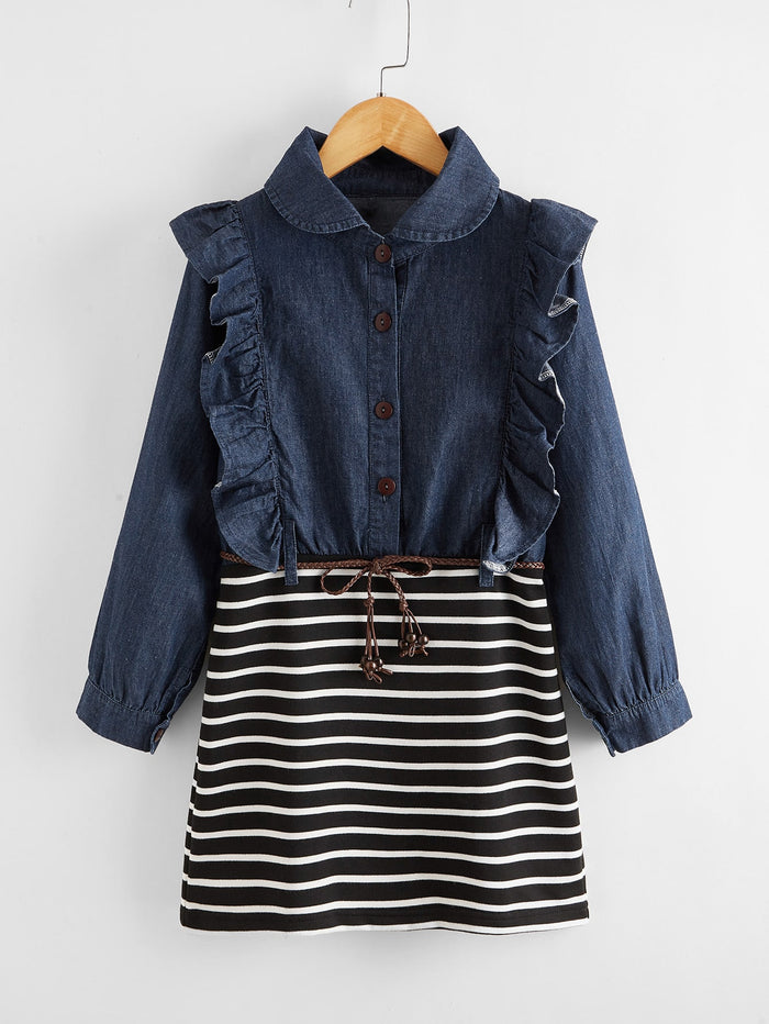 Girls Ruffle Trim Half Button Belted Striped Combo Denim Dress