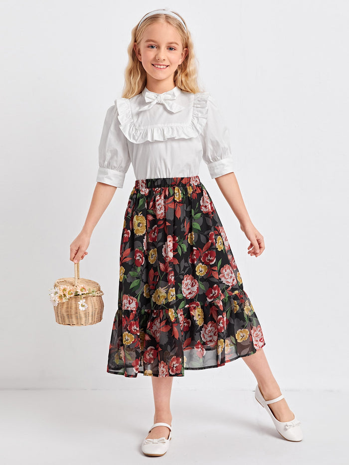 Girls Bow Front Ruffle Trim Top & Floral Skirt Set