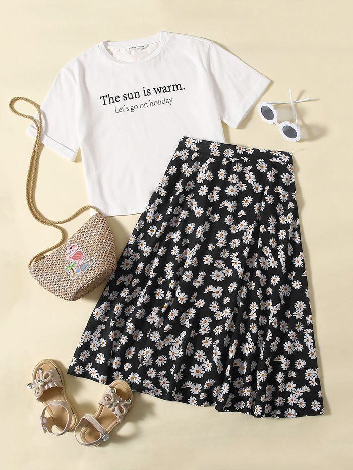 Girls Slogan Graphic Top & Daisy Floral Skirt Set
