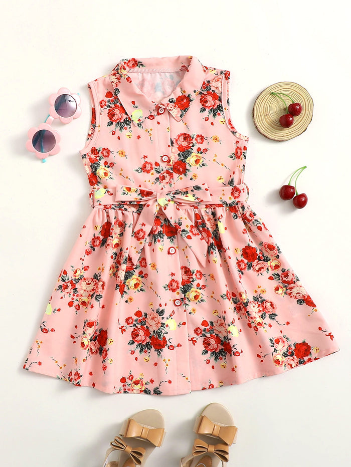 Toddler Girls Floral Print Belted Babydoll Dress