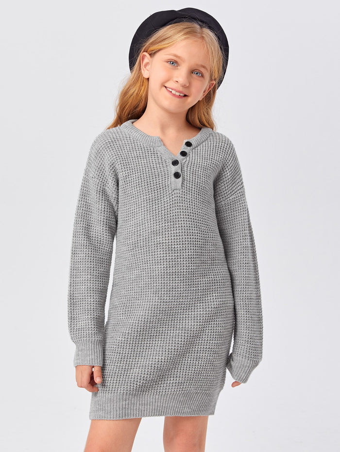 Girls Drop Shoulder Button Half Placket Sweater Dress