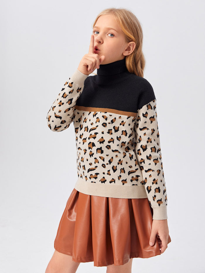 Girls Rolled Neck Leopard Sweater