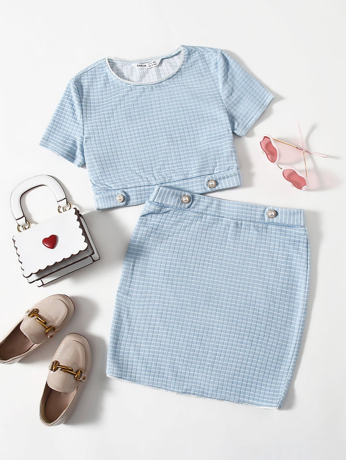 Girls Button Detail Grid Top and Skirt Set
