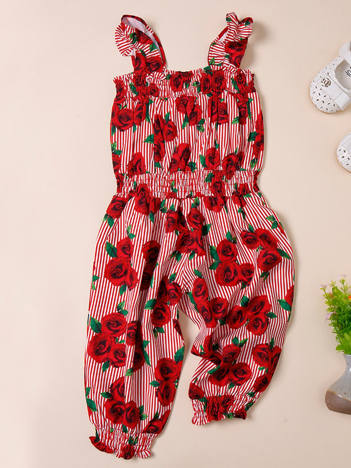 Toddler Girls Floral & Stripe Print Shirred Jumpsuit