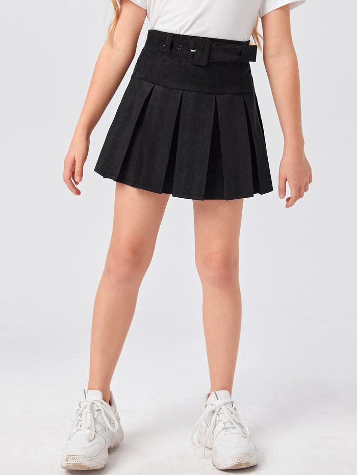 Girls Self Belted Cord Pleated Skirt