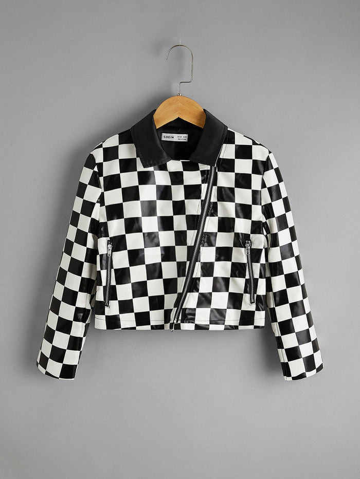 Girls Checkered PU Leather Moto Jacket