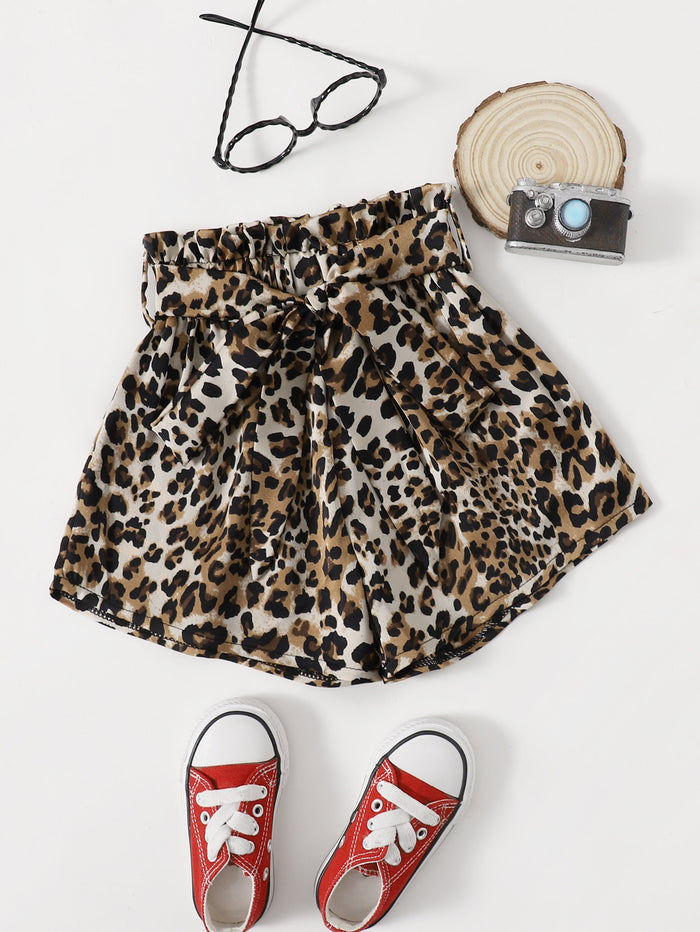 Toddler Girls Leopard Print Paper Bag Waist Belted Shorts