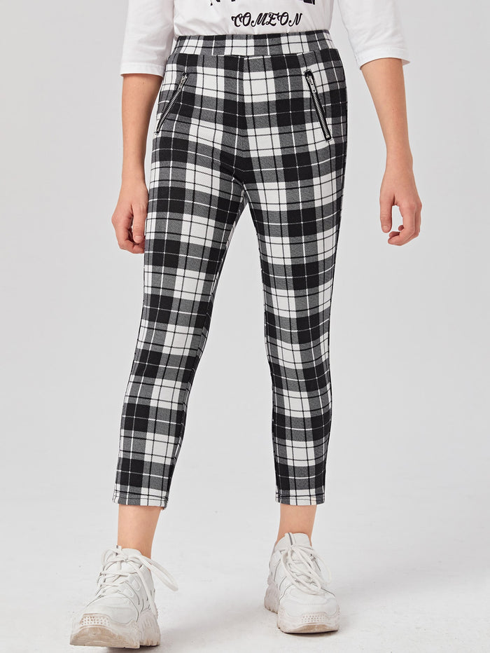 Girls Zipper Detail Plaid Pants