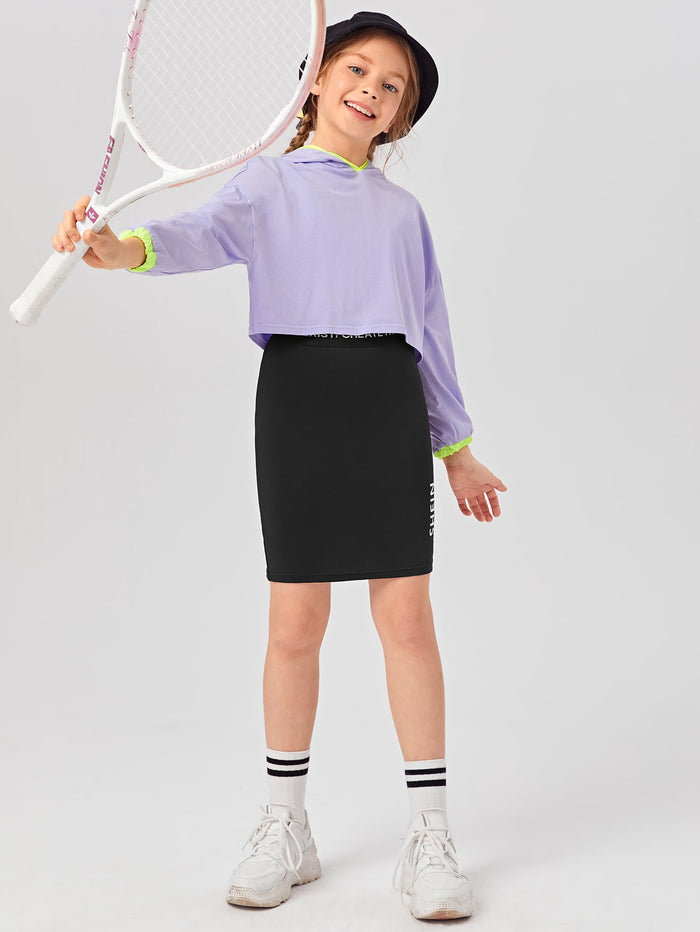 Girls Contrast Binding Pullover & Slit Back Letter Graphic Skirt Set