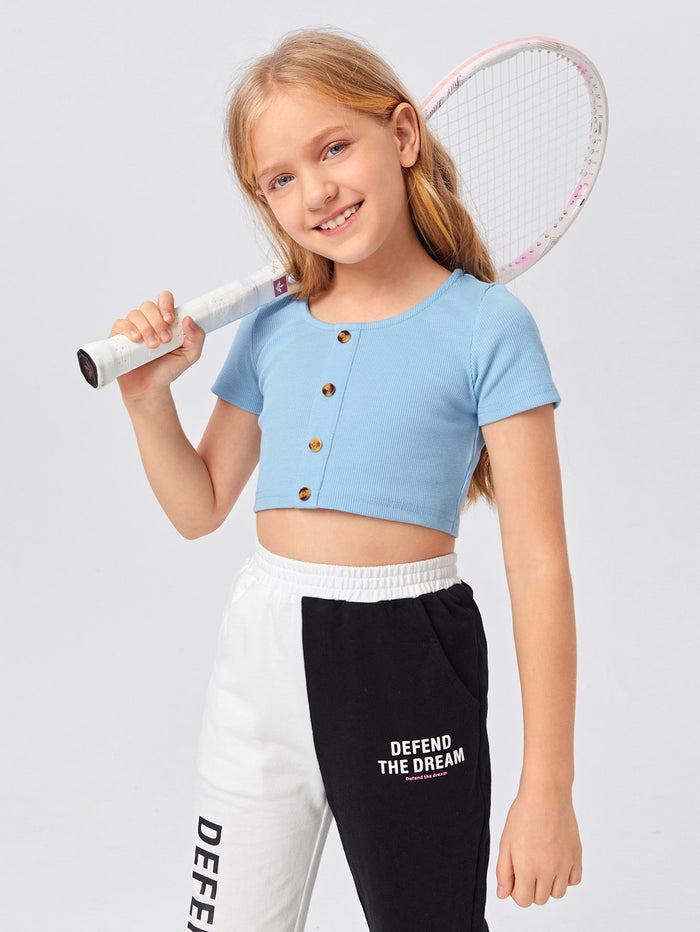 Girls Button Front Rib-knit Crop Top Baby Blue