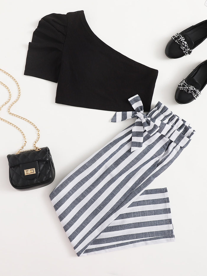 Girls One Shoulder Puff Sleeve Top and Paperbag Waist Pants Set Black and White