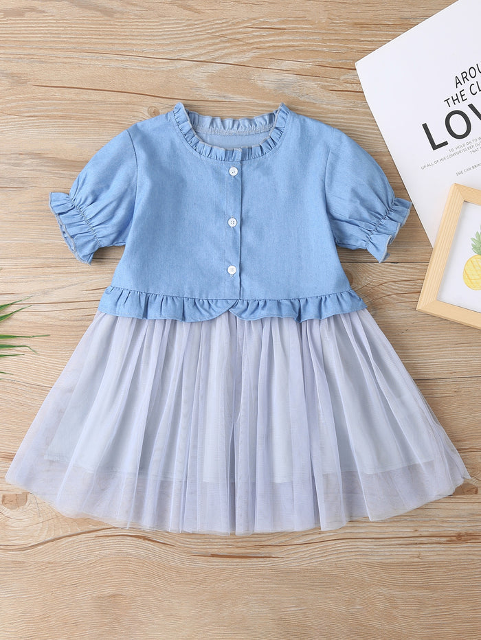 Toddler Girls Frill Neck Mesh-hem Denim Smock Dress