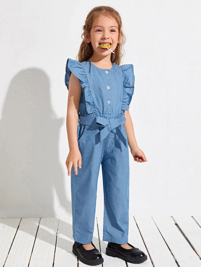 Toddler Girls Ruffle Trimed Denim Jumpsuit