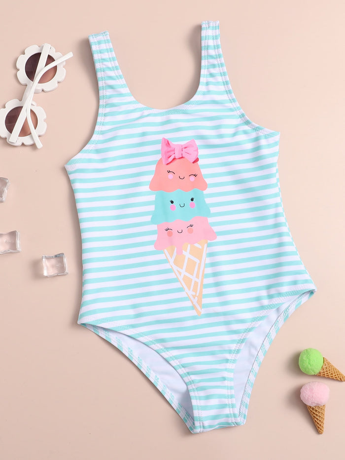 Toddler Girls Striped Ice Cream Print One Piece Swimsuit