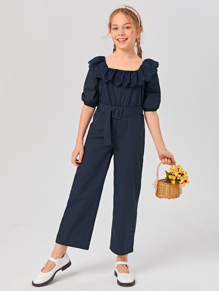 Girls Puff Sleeve Eyelet Embroidered Trim Belted Jumpsuit