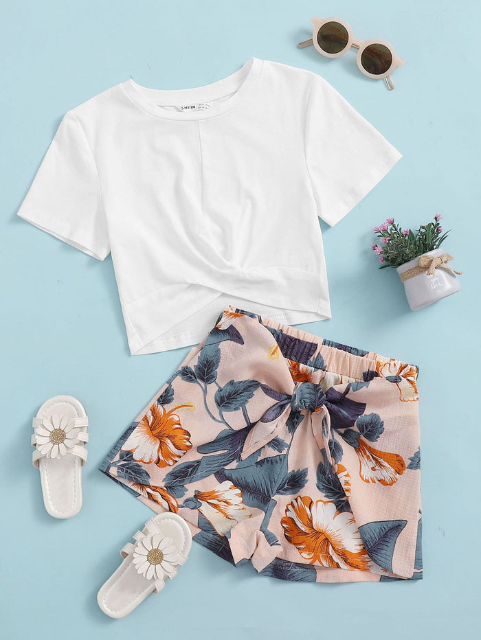 Girls Twist Wrap Top & Tropical Tie Front Shorts Set Multicolor
