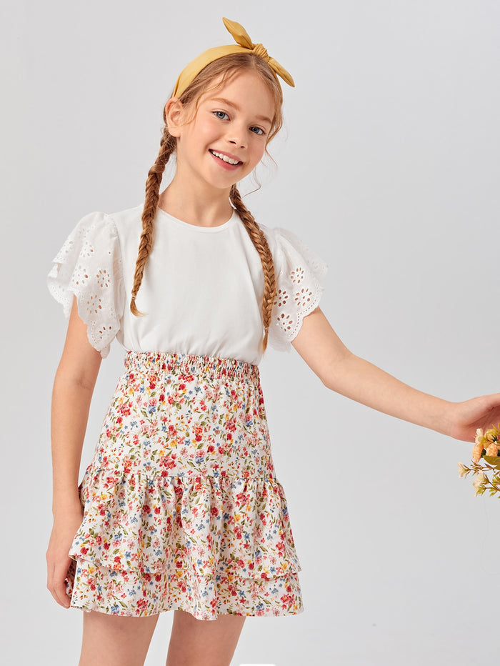 Girls Eyelet Embroidered Ruffle Cuff Top & Layered Ruffle Hem Ditsy Floral Skirt Set