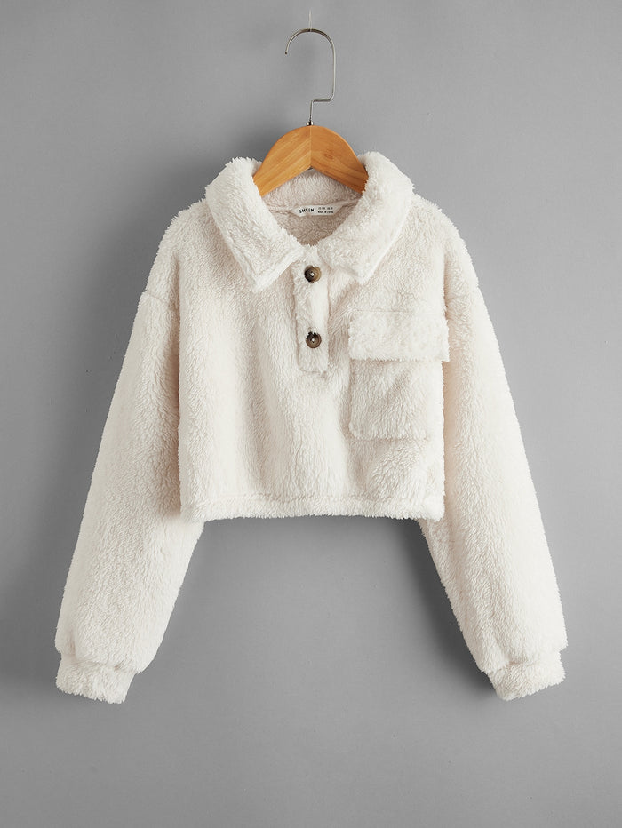 Girls Drop Shoulder Flap Pocket Teddy Sweatshirt