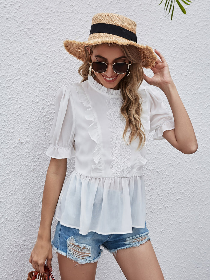 Contrast Lace Ruffle Trim Peplum Blouse