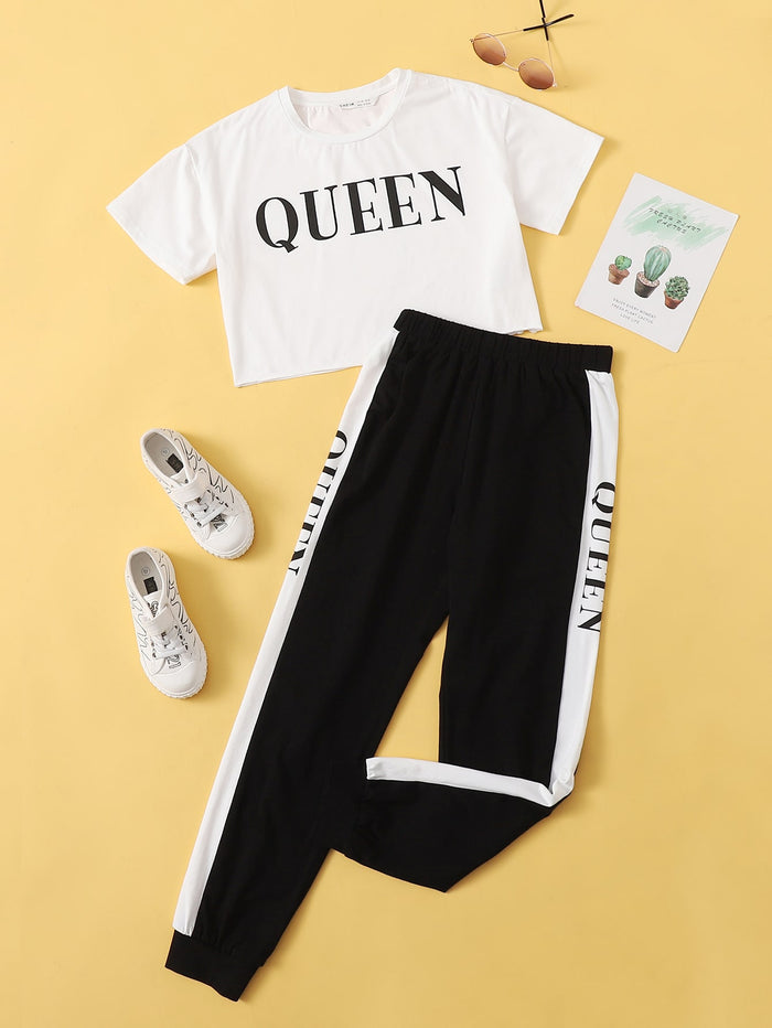 Girls Letter Graphic Top & Contrast Side Sweatpants Set Black and White