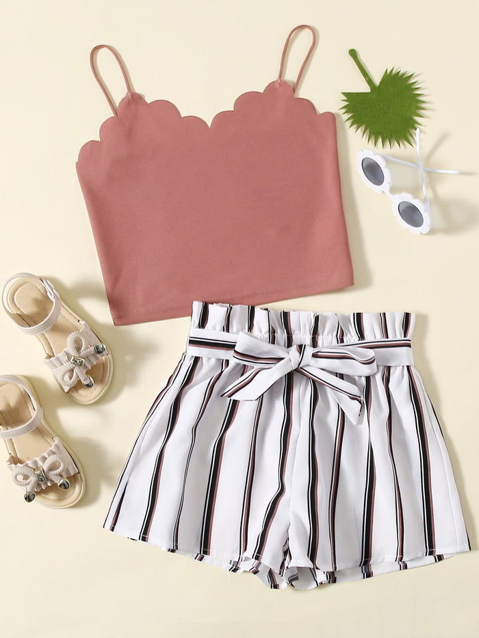 Girls Scallop Trim Cami Top & Paperbag Waist Belted Shorts Set Multicolor