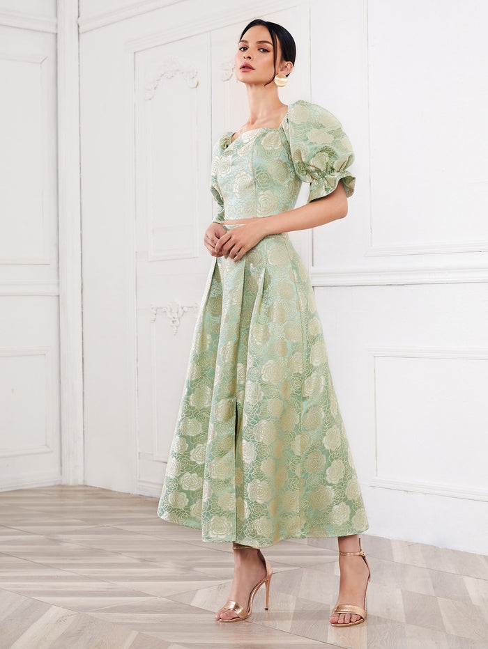 Zipper Back Flounce Sleeve Jacquard Crop Top & Boxy Pleated Skirt Set