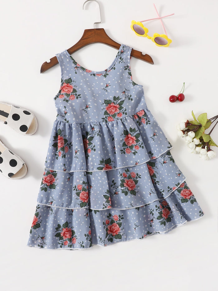 Toddler Girls Floral Print Tiered Hem Tank Dress