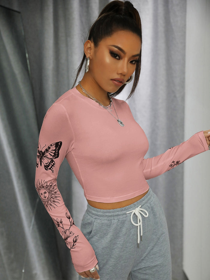 Butterfly And Sun Print Crop Tee Dusty Pink