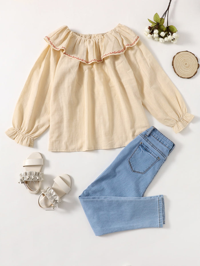 Embroidery Ruffle Trim Blouse