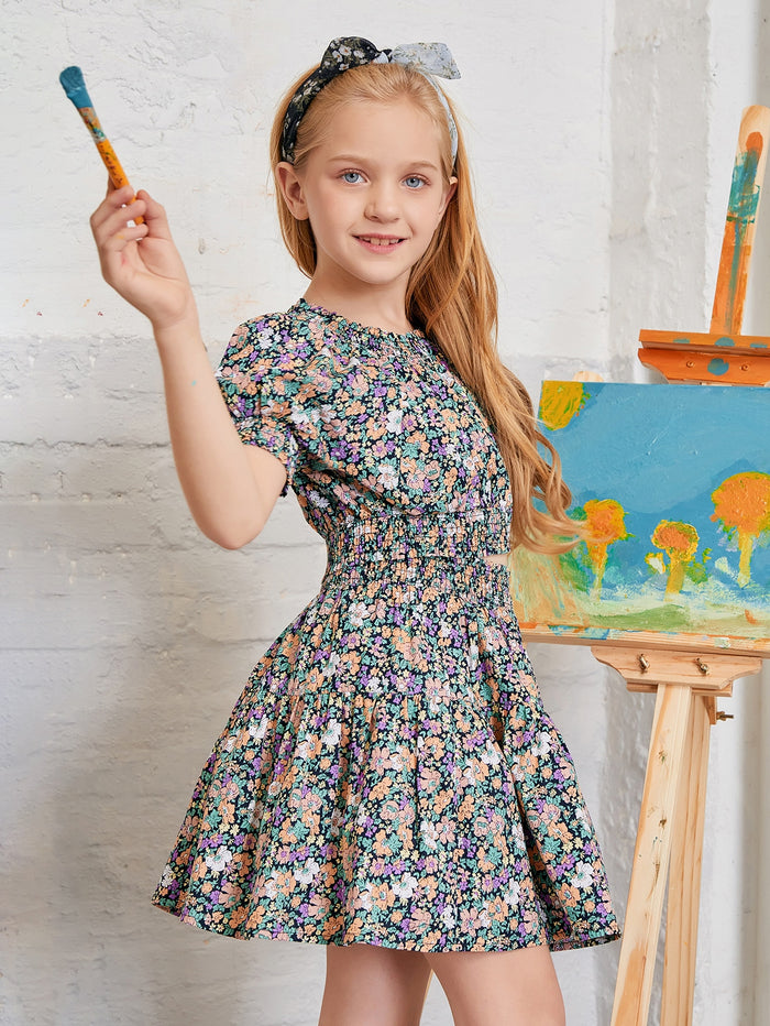 Girls Floral Shirred Detail Top & Skirt Set