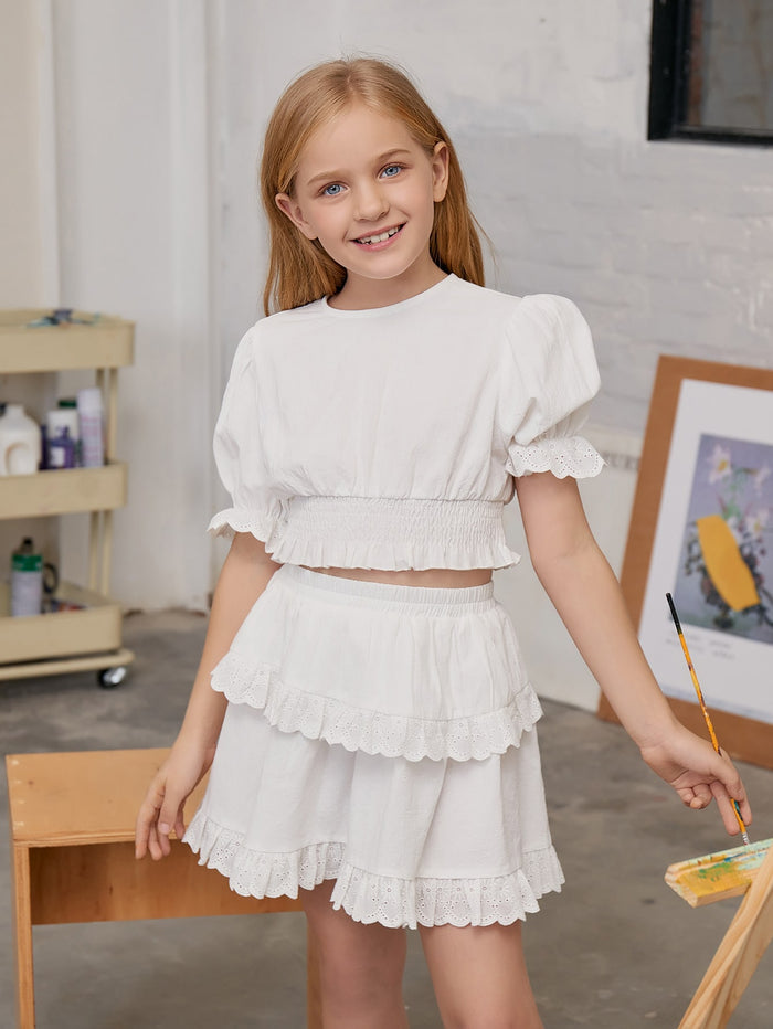 Girls Puff Sleeve Shirred Detail Schiffy Embroidered Top & Layered Hem Skirt Set