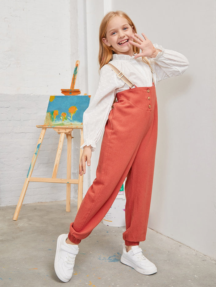 Girls Button Front Buckle Strap Overalls