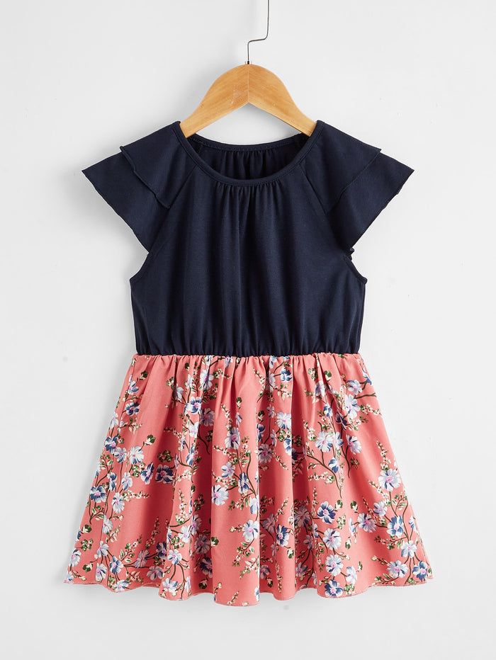 Toddler Girls Floral Print Butterfly Sleeve Combo Dress