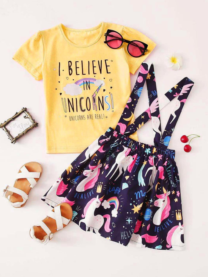 Toddler Girls Slogan Graphic Tee With Cartoon Unicorn Skirt Multicolor