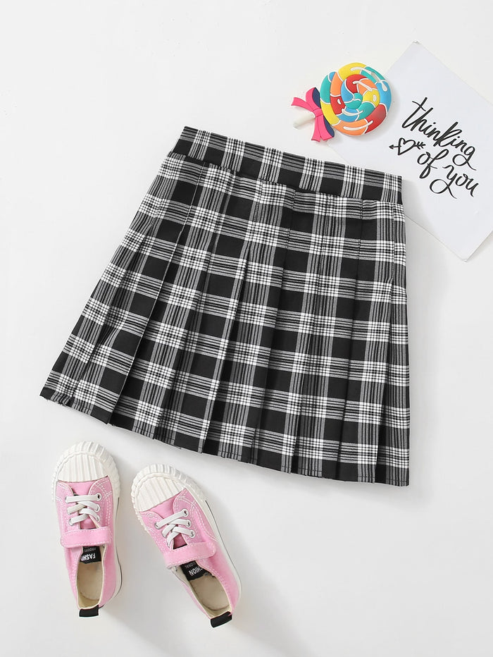 Girls Zipper Side Tartan Pleated Skirt Black and White